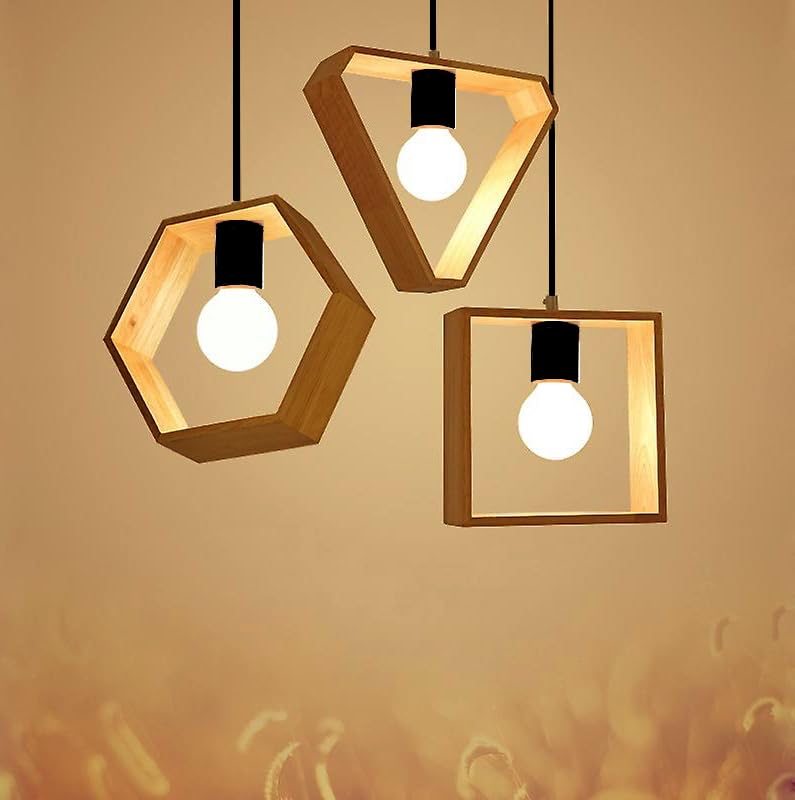 Groeien LED Modern Pendant Light, Creative Geometric, Nordic Wood Frame Pendant Lamp, Lighting Fixtures for Restaurant Dining Room and Cafe Decoration (3 Set Geomatric Round)-image-32