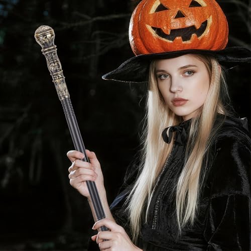 Image of GORGECRAFT Halloween Cosplay Antique Cane Vintage Walking Stick 145cm Costume Cane Plastic Punk Prop with Antique Golden Top Handle Knob Pretend Play Royalty Scepter Wand for Themed Events Stage Show