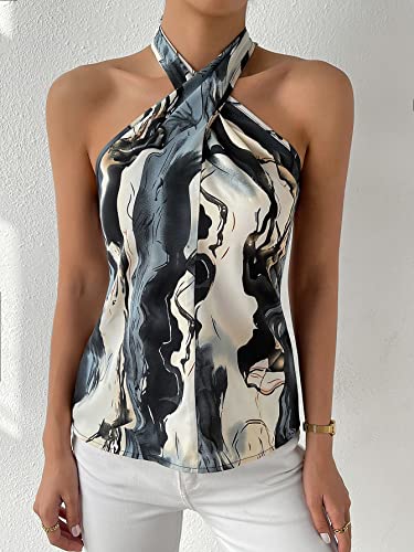 Floerns Women's Criss Cross Sleeveless Halter Tie Back Casual Tank Top Black Marble L #TOP4