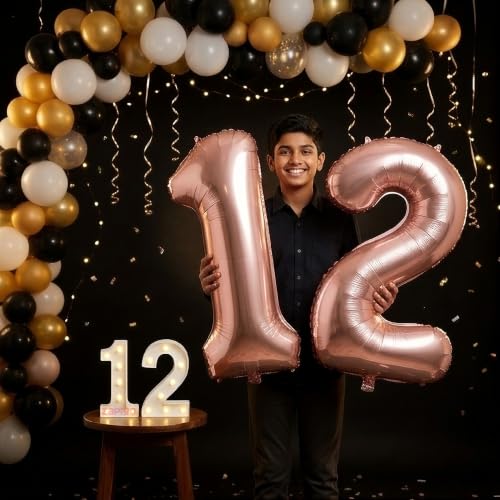 Image of Balloonistics Rose Gold 40-Inch Foil Number 12 Balloon with Matching LED Marquee Light - Combo Set for 12th Birthday, Anniversary, Party Decoration, Photo Booth Backdrop