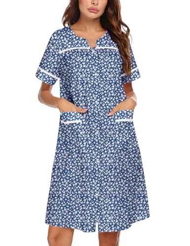 Image of Ekouaer Nightgowns for Women House Dress with Pockets Snap Front House Coat Short Sleeve Duster Moo Moos Sleepwear S-3XL