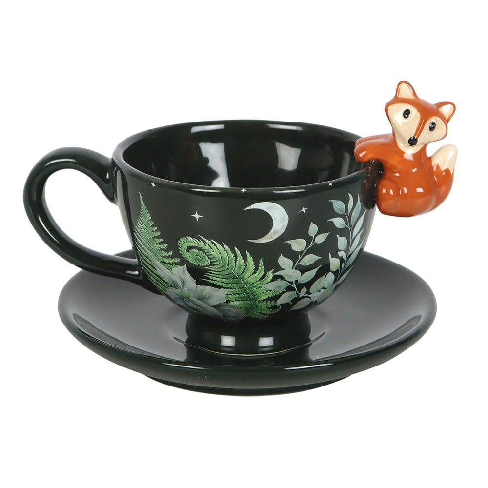 Green Forest Fox Teacup and Saucer Set | 500ml Ceramic Cup with 3D Fox & Foliage Design | Nature Gift for Tea Lovers | Cottagecore Woodland Decor | Hand Wash Only