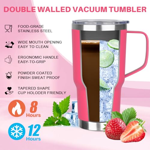 Image of 30 oz Tumbler with Handle, Stainless Steel Insulated Tumbler with Lid and Straw, Double Wall Vacuum Coffee Mug Tumbler, Insulated Coffee Thermal Cup for Cold and Hot (Peach Pink)