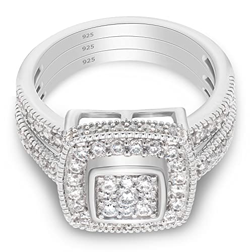 SAVEARTH DIAMONDS 1 Carat (ctw) Lab Created Moissanite & Lab Grown Diamond Square Cluster Engagement Trio Ring 14K Gold Over Sterling Silver Wedding Ring Band Set (1 Cttw), Gift For Her2