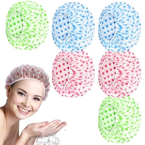 6 gorros de ducha para mujer, gorro de ducha elástico, impermeable, gorro de ducha de plástico para niñas, mujeres, ducha, maquillaje, spa, salón, viajes, hotel (azul, verde, rosa)