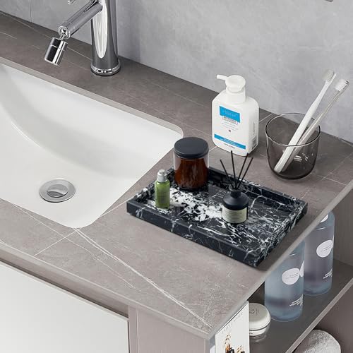 Image of Real Natural Marble Tray for Bathroom, Vanity, Kitchen and Desktop, Rectangle Genuine Marble Stone Tray for Jewelry, Cosmetics, Candles, Lotion, Perfume and Home Decor (Black)