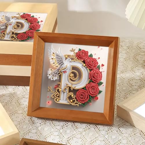 Image of AiYuanzsh 5D Diamond Art Kits for Adults Letter P, Petal-Themed Rose & Dove Floral Special Shape Diamond Painting Kit, DIY Crystal Rhinestones Diamond Art for Adults Craft Wall Display 17x17cm