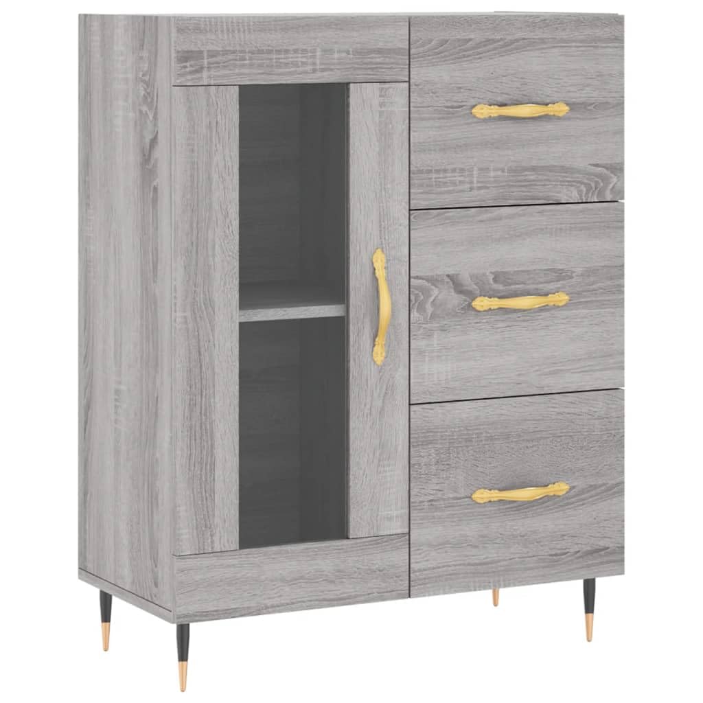 Générique Bufet wysoki szary 69,5x34x180 cm z drewna inżynieryjnego, wąski mebel do salonu z metalowymi drzwiami i nogami, duża przestrzeń do przechowywania