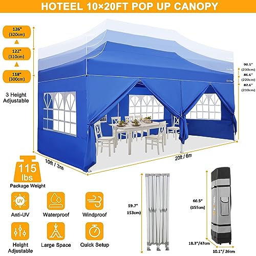 Image of HOTEEL 10x20 Heavy Duty Pop Up Canopy Tent with Sidewalls, Commercial Outdoor Canopy Tents for Parties Event Wedding with Roller Bag, Waterproof & UV 50+, Upgraded Thickened Hexagonal Legs, Blue