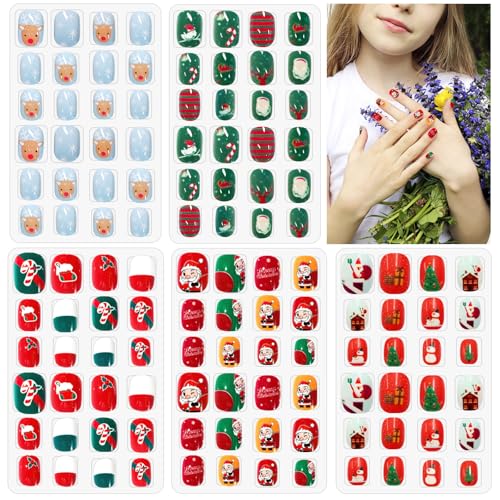 ZOCONE 120 Piezas Uñas Postizas para Niñas Navidad Uñas Postizas Cortas Uñas Artificiales Niña Uñas Falsas de Niños 5 Cajas Navidad Regalos (A)