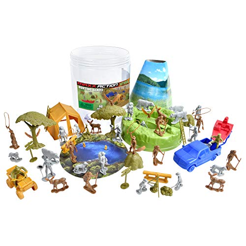Camping Adventure Bucket – 68 Assorted Hunting Gear Toy Play Set For Kids, Boys and Girls | Plastic Figures and Vehicles with Storage Container