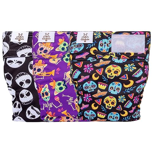 Image of CuteBone Washable Halloween Dog Diapers Female No Tail Hole 3 Pack Reusable Doggie Period Training Pants for Docked-Tail Frenchie French Bulldog Boston Terrier Without Tail WWD09XS
