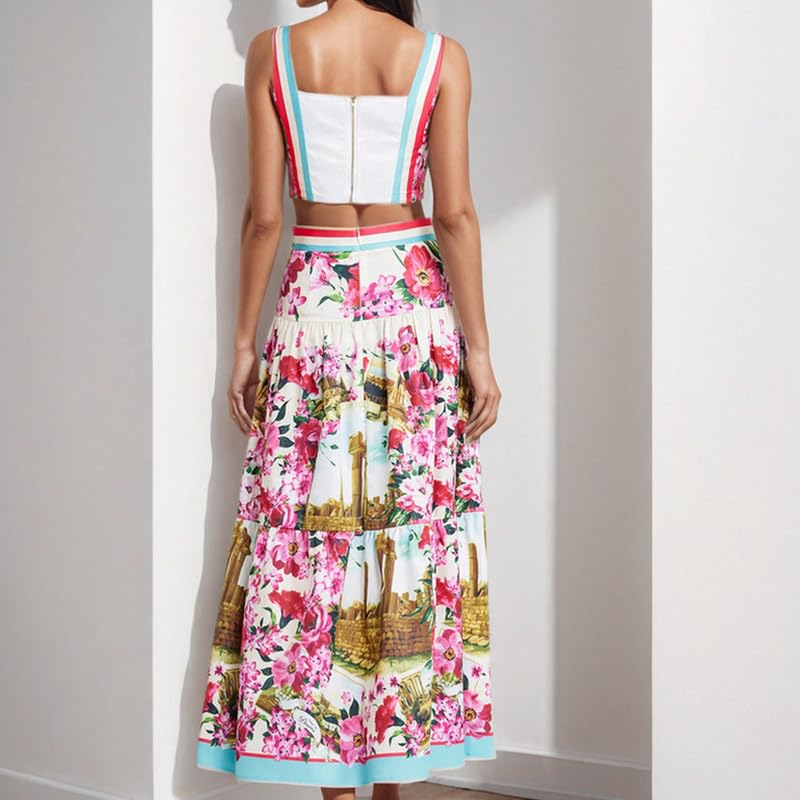 Womens Print Skirt Outfits Tropical Floral Print Halter Crop Top A-line Maxi Skirt Summer Vacation Sets4