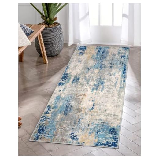 KIMODE Alfombra moderna abstracta de 60 x 130 cm, alfombra de pasillo suave, antideslizante, lavable, de pelo corto, para cocina, baño, dormitorio, lavandería, entrada (azul/amarillo/marfil)