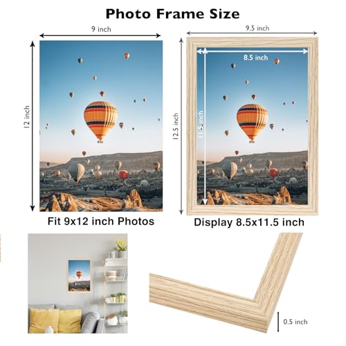 Image of JCJMY 9x12 Picture Frame for Wall Hanging, Wall Mounting Horizontally or Vertically, 9 x 12 Wall Gallery Poster Photo Frame with Shatter Resistant Plexiglass, Natural