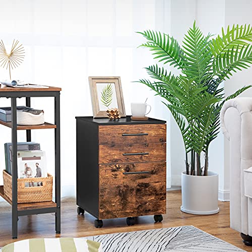 Image of HOOBRO 3-Drawer File Cabinet, Wooden Under Desk Filing Cabinet, fits A4 /Letter Size for Home Office, Small Rolling Storage Drawer Chest, Printer Stand with Drawers, Rustic Brown and Black BF02WJ01G1