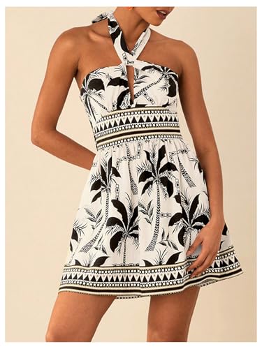 Image of Floerns Women's Floral Print Sleeveless Halter Neck Tie Back Summer A Line Dress