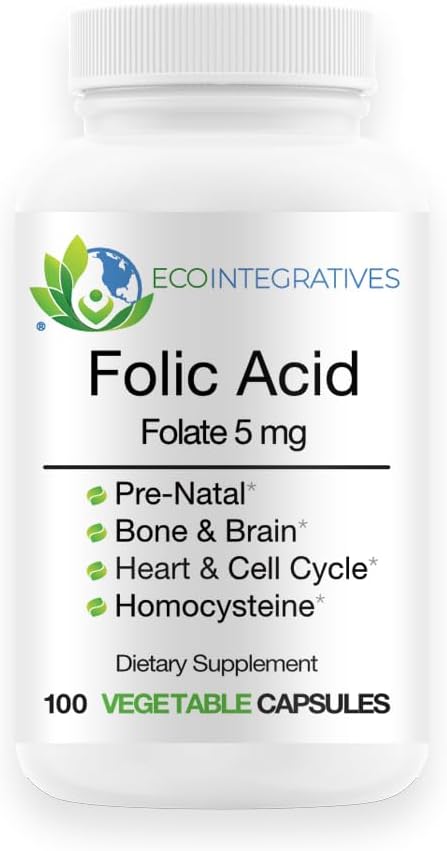 EcoIntegratives Folic Acid Folate 5mg (B9) Prenatal, Reproductive Health, Homocysteine, Metabolism, Cardiovascular, Bone, Immune Support, Allergen Free, Non GMO - 100 Vegan Capsules