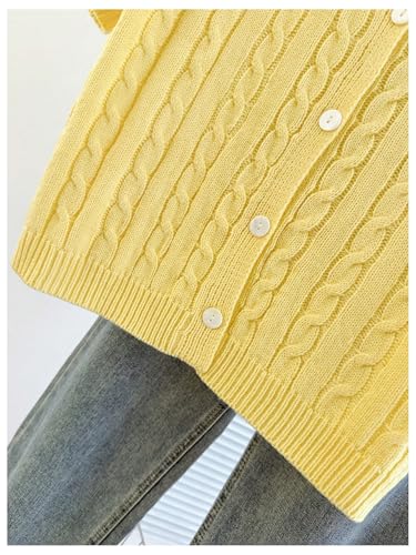 Women's Cable Knit Button Down Cardigan Short Sleeve Crewneck Sweaters Vintage Old Money Clothes4