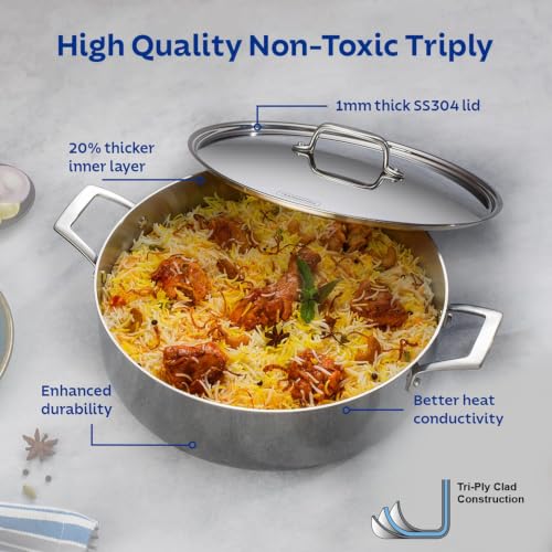 Image of TRAMONTINA AEION Tri-Ply Casserole Biryani Handi 28cm 7.9L with Lid