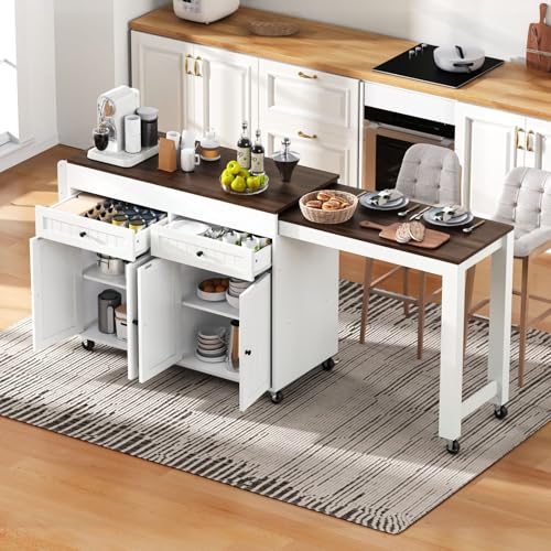 Sweiko Îlot de Cuisine Mobile Pivotant à 360° avec Plan de Travail et Deux Tiroirs, Côtés Extensibles, Sept roulettes, Installation Simple (White+Walnut)