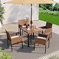 LAUSAINT HOME 5 Pieces Outdoor Patio Dining Set, All-Weather Wicker Rattan Furniture Set with Chairs Set of 4 and Wood Square Table with Umbrella Hole for Patio, Lawn, Garden, Backyard, Beige