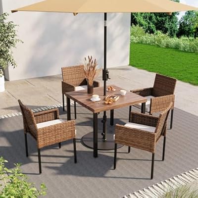 LAUSAINT HOME 5 Pieces Outdoor Patio Dining Set, All-Weather Wicker Rattan Furniture Set with Chairs Set of 4 and Wood Square Table with Umbrella Hole for Patio, Lawn, Garden, Backyard, Beige