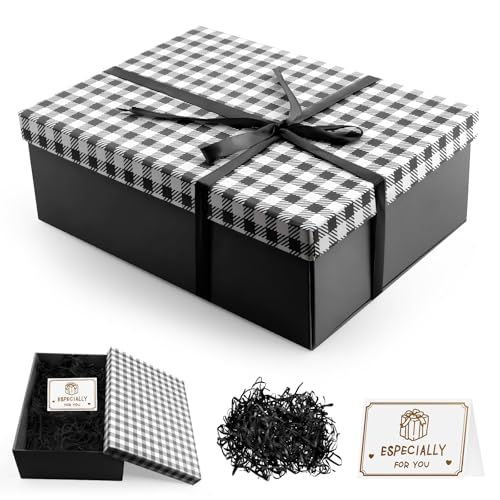 Elegant Gift Box Set 10x7x3.3 Inches Includes Lid Ribbon Bow Card and Raffia Perfect for Eid Birthday Wedding and Anniversary Presents Premium Black Packaging
