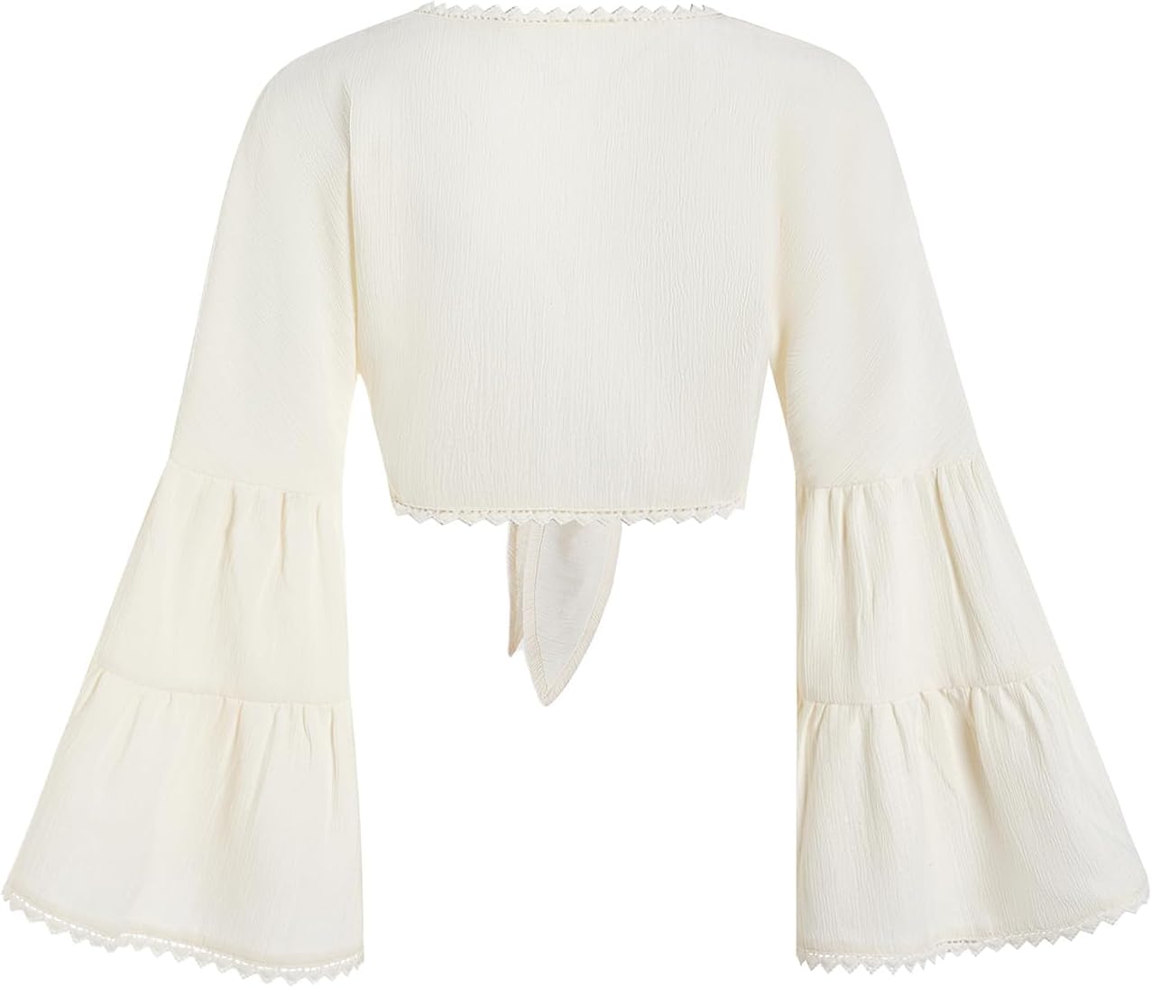 Women's Tie Bow Front Cardigan Long Bell Sleeve Blouse Crop Top Shirt Casual Deep V Neck Top - Image 2