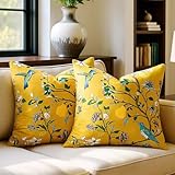 Mustard Yellow Floral Pillow Covers 18x18 Set of 2, Velvet Wild Flower Plant Throw Pillows Case, Square Farmhouse Decor Cushion Covers for Home Sofa Bed Couch