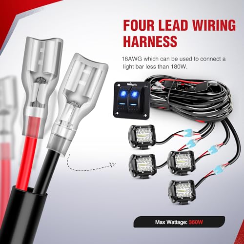 Image of Nilight 16AWG LED Light Bar Wiring Harness Kit-4 Leads | 12V On /Off 2 Gang Rocker Switch Panel Power Relay Blade Fuse 5Pin Toggle Switches for Cars Boat ATV Trucks