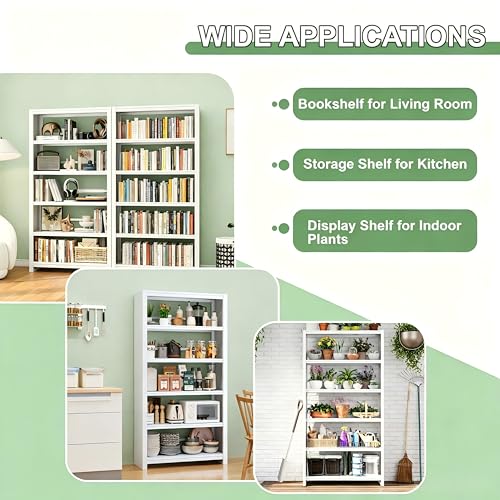 Image of 69 inch Tall Bookshelf, Industrial Bookcase, Easy Assembly, White | Heavy Duty Metal, 5 Tier Display Storage Shelves, For Home Office, Living Room, Study