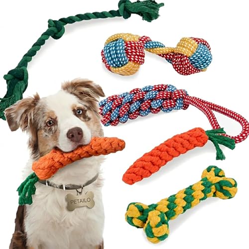 Petailo (ぺティロ) 犬 おもちゃ ロープ 5点セット 丈夫 頑丈 人気 子犬 小型犬向け <> ペット 噛む おもちゃ 縄 ひも 紐 ひっぱりっこ デンタルトイ 歯磨き ストレス解消・運動不足対策 子犬 小型犬向け