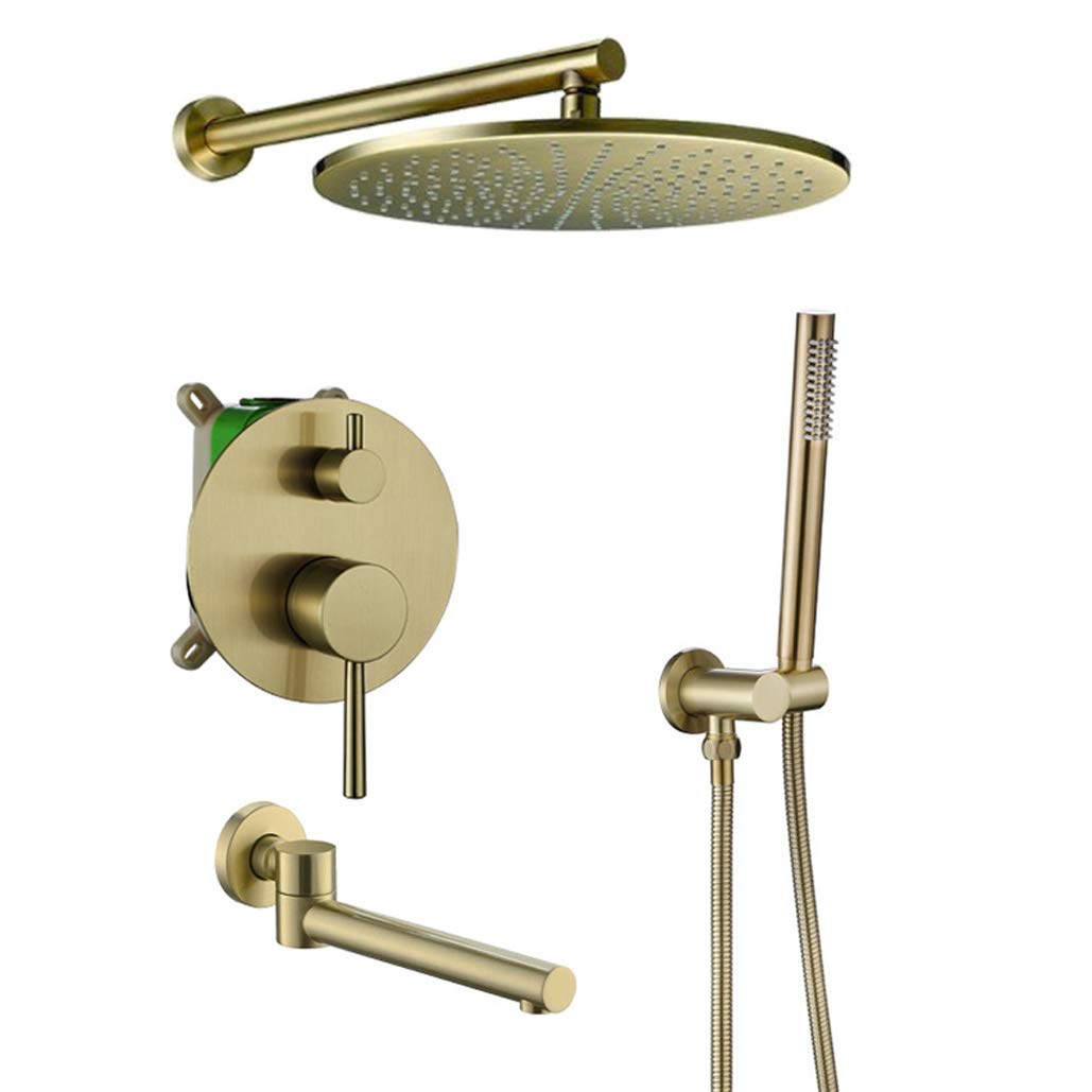 Sistema Doccia, Miscelatore a Pioggia per Bagno in Ottone Spazzolato a Parete con Miscelatore a Pioggia per Doccia con soffione a Pioggia Rotondo in Ottone da 8-12" e rubinetti per Doccia e Vasca a