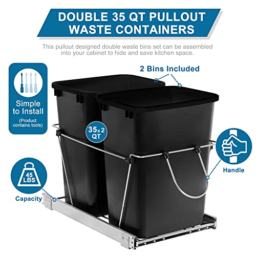 Super Deal Double 35-Quart Sliding Pull Out Waste Bin, Under Cabinet Kitchen Garbage Trash Can Recycling Bins Container, Chrome Wire Bottom Mount 44 Lbs Load Capacity, Black #TOP2