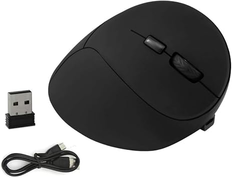 Ergonomic Vertical Wireless Rechargeable Mouse, 2.4GHz, 800/1200/1600 DPI, 6 Buttons, Pinky Finger Rest, 123mm x 90mm x 72mm, Black