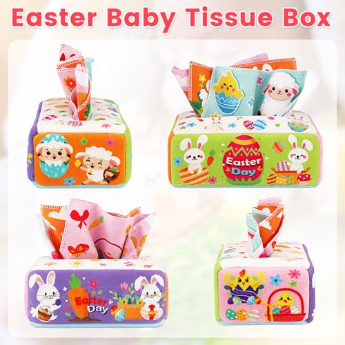 Image of Easter Baby Toys - Easter Basket Stuffers for Babies 6-12 Months - Baby Tissue Box Toy Montessori Soft Stuffed Bunny High Contrast Crinkle Infant Sensory Toys 6 7 8 9 Months Easter Boy Girl Gifts