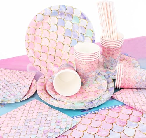 Lnjya Juego de vajilla de fiesta de sirena para 16 invitados, decoración de cumpleaños de...