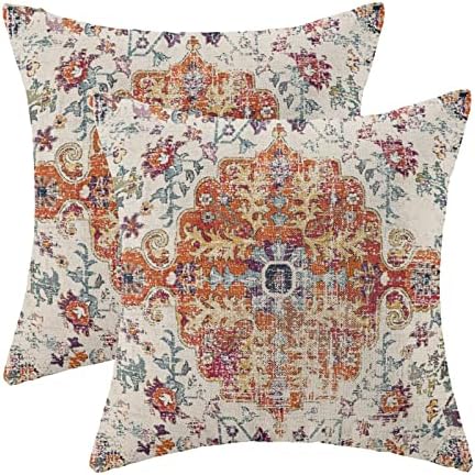 Boho Pillow Covers 16x16 Inch Set of 2,Carpet Pattern Throw Pillows Case,Burnt Orange Yellow Ethnic Design Outdoor Decorative Square Linen Farmhouse Decor Cushion Covers for Home Sofa Bed Couch