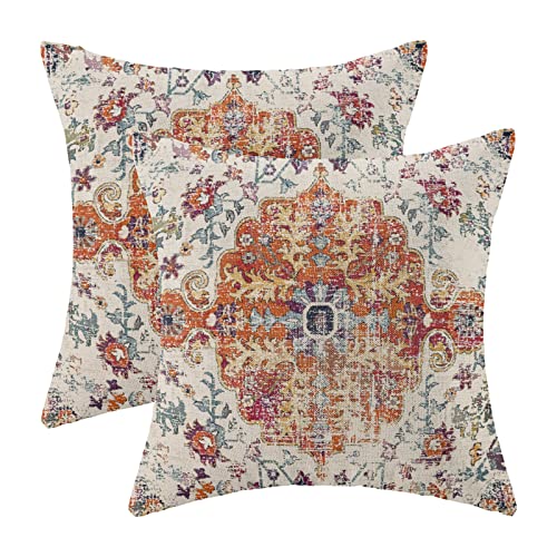 Boho Pillow Covers 16X16 Inch Set Of 2,Carpet Pattern Throw Pillows Case,Burnt Orange Yellow Ethnic Design Outdoor Decorative Square Linen Farmhouse Decor Cushion Covers For Home Sofa Bed Couch #TOP1
