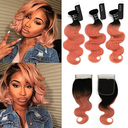 BQ HAIR 3 Bundles With 4x4 Free Part BQ HAIR 3 Bundles With 4x4 Free Part Lace Closure 1B/ Dark Root Rose Gold 100% Human Hair Weave 2 Tone Ombre Body Wave (10"12"14"+8" closure, 1b/Rose Gold)