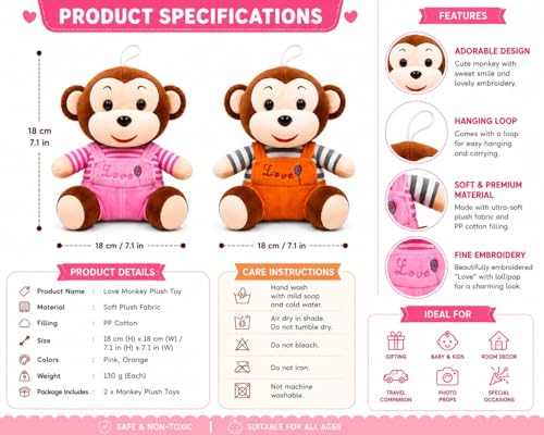Image of 2 Cute Monkey Soft Toy for Kids 18CM | Ultra Soft Plush Stuffed Monkey Teddy Bear | Huggable Cartoon Animal Plush Toy for Boys & Girls | Washable Gift Toy (Pack of 2)