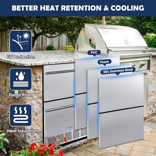 Image of 24 Inch Double Drawer Fridge, Stainless Steel Outdoor Beverage Refrigerator for Patio and Kitchen, Freestanding or Built-In, Mobile Grid Organizer, Home and Commercial Use