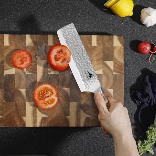 HAZMUSS 16,2 cm Japanisches Gehämmertes Nakiri-Messer, Japanisches Kochmesser aus Kohlenstoffreichem Edelstahl, Bequemer Griff aus Pakkaholz für Haushalt und Küche