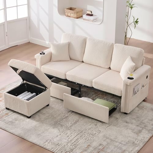 EURHCIO canape 3 Places avec Repose Pied Rangement,canapé d'angle modulable avec 2 Tiroirs,Porte-gobelets et Poches latérales,Tissu Velours Côtelé,pour...