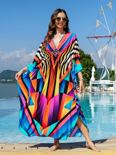 Image of IMAGEKOPE Women's Plus Size Animal Print V-Neck Batwing Kaftan Beach Dress Bathing Suit Cover-Up Loungewear