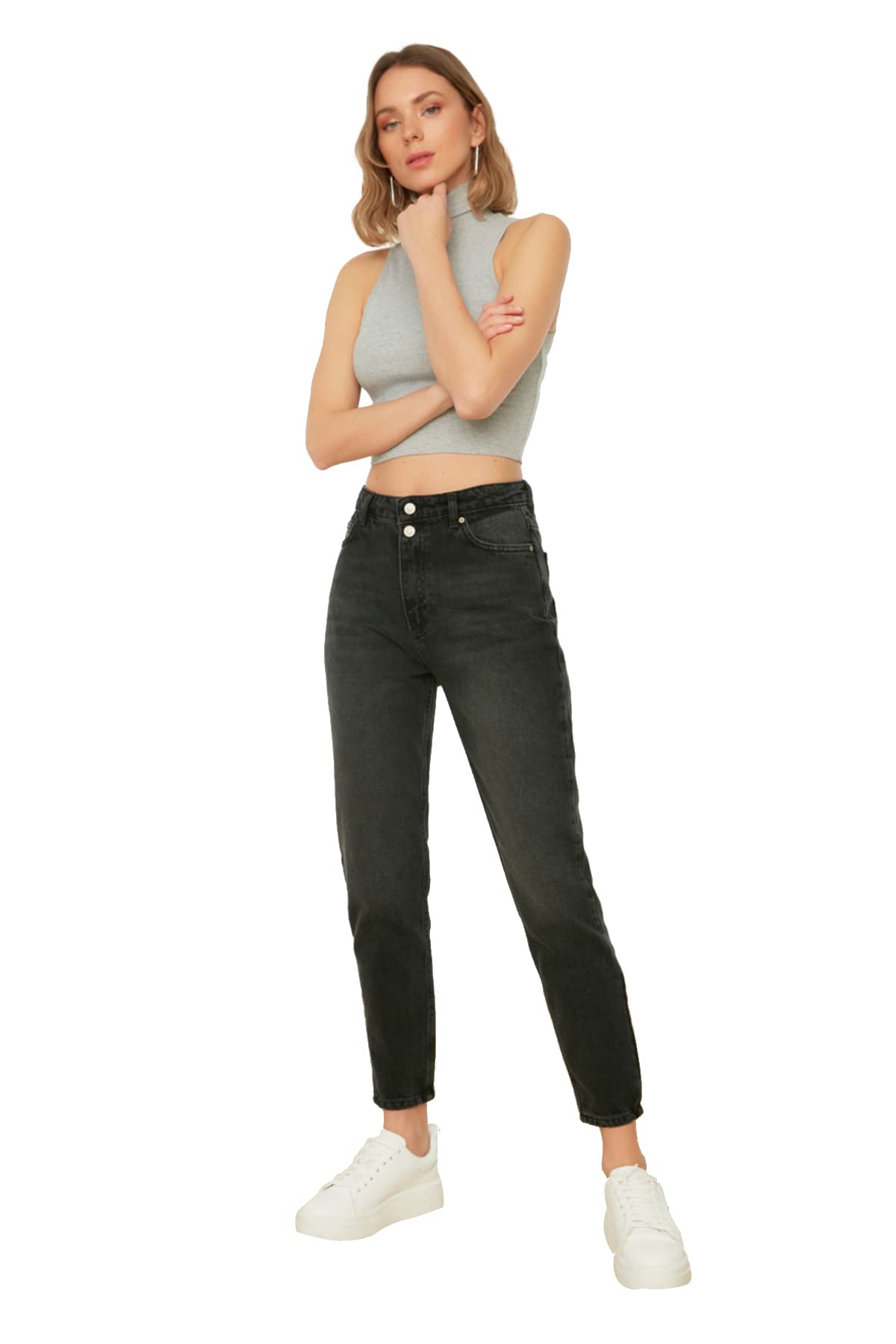 TRENDYOL Damen Trendyol Double Button High Waist Mother Jeans, Schwarz, 34 EU