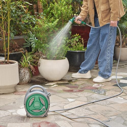 Image of Garden Hose Reel 14M, Compact & Portable Hose Pipe Reel with 7 Adjustable Spray Gun Nozzles, Manual Retractable Garden Water Hose Reel,Outdoor Flexible Hose Reel Set for Garden Patios and Balconies