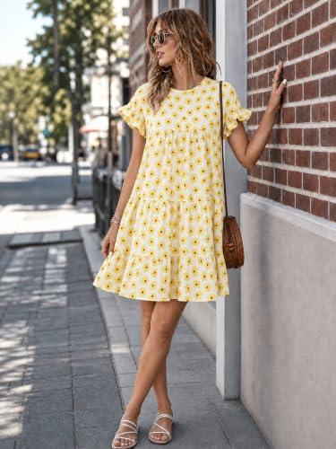 Image of Imysty Womens Boho Floral Ruffle Sleeve Babydoll Loose Flowy Casual Summer Pleated Mini Dress