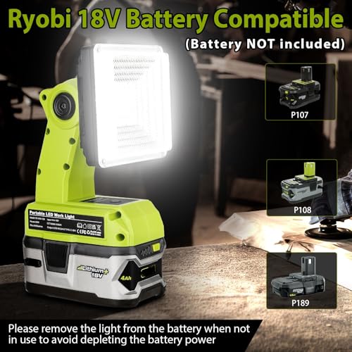 Image of 25W 2000LM Cordless LED Work Light Compatible with Ryobi One 18V Battery Portable Flood Lights for Outdoor Indoor Workshop Job Site, LED Floodlight with Pivoting Head /USB Port(No Battery)